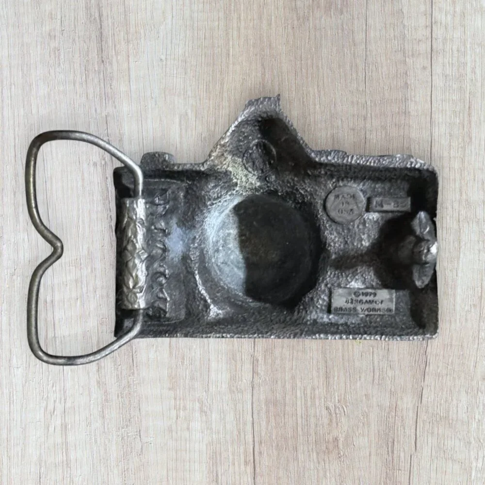 Bergamot Brass Works Vintage Camera Belt Buckle Made in USA 1979 Metal Pewter